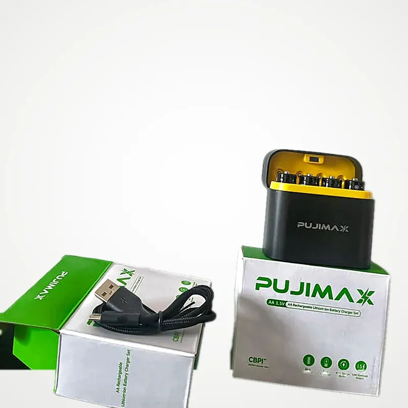 Le pack complet&nbsp;: boîtier de charge PUJIMAX posé sur sa boîte, piles en place, câble USB-C sur la deuxième boîte